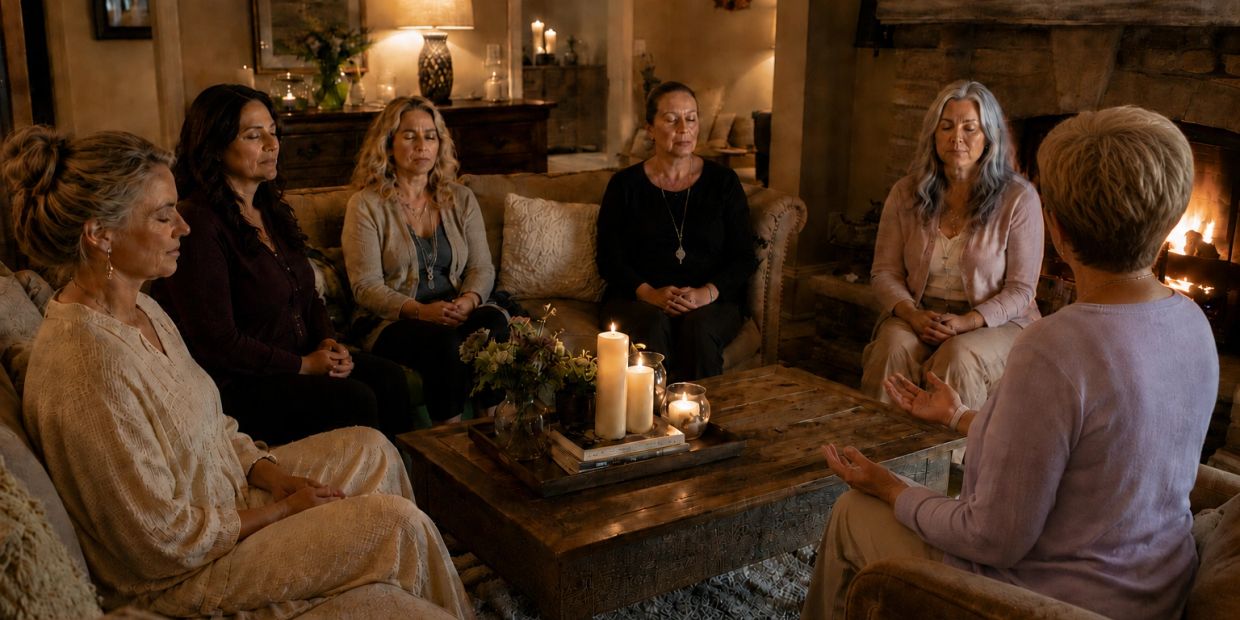 A group of women meditating together by candlelight.