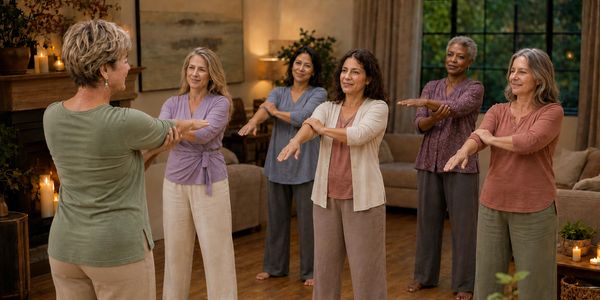 Group of middle-aged women doing stretching exercises indoors.
