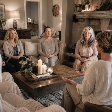 Group meditation or therapy session in a cozy living room.