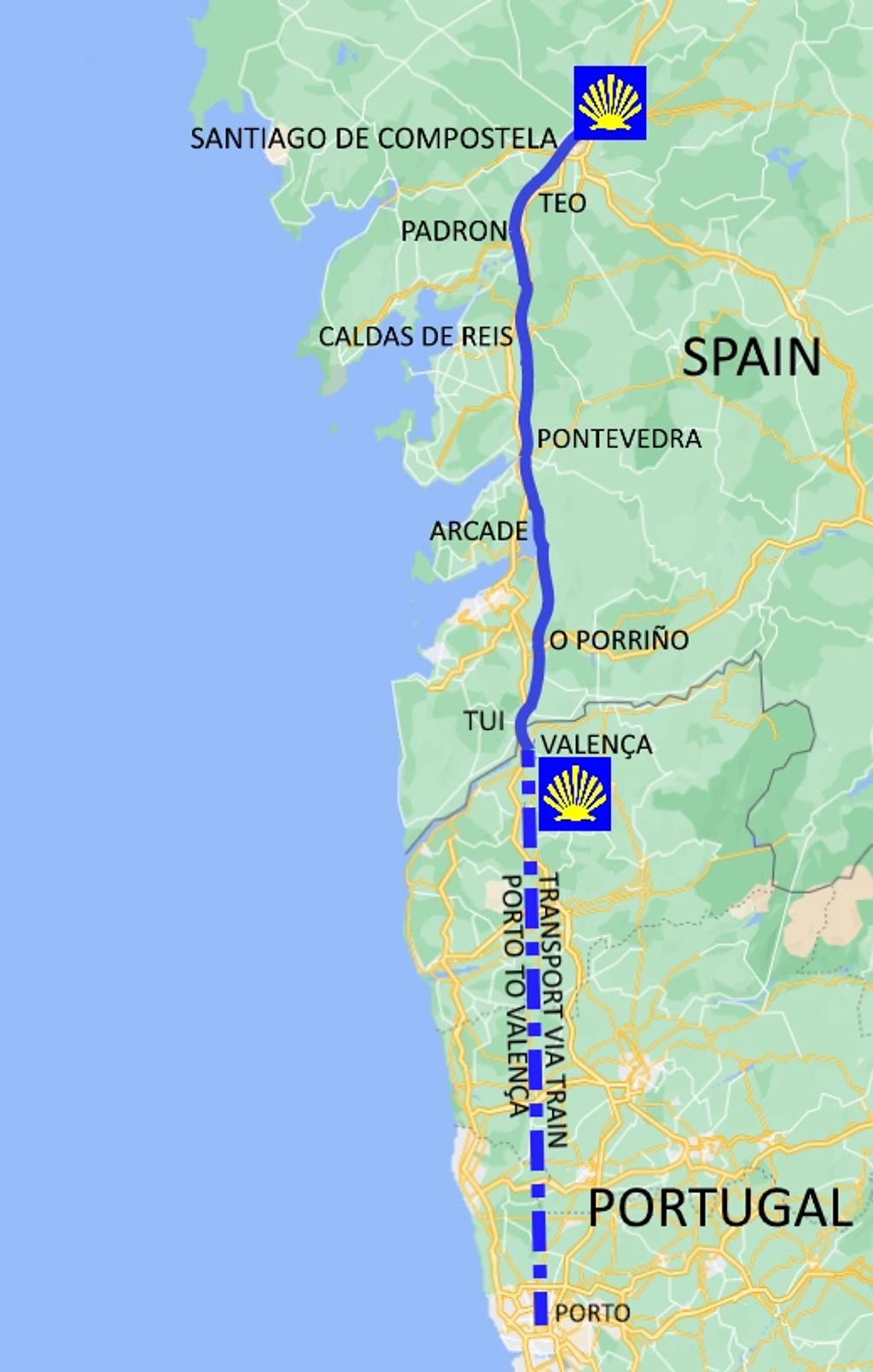 Map of a route from Porto, Portugal to Santiago de Compostela, Spain.
