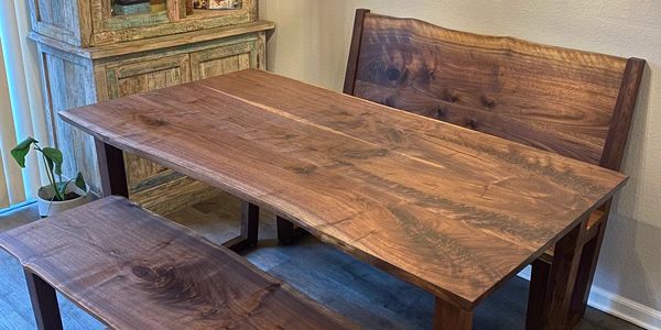 Custom design live edge walnut table and benches dining set. 