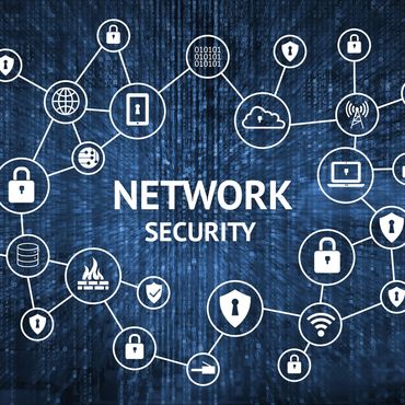 Illustration of network security with interconnected digital security icons on a blue data background.