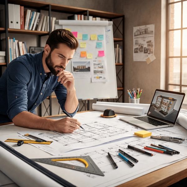 Architect working on building plans with drawings and laptop in a well-lit office.