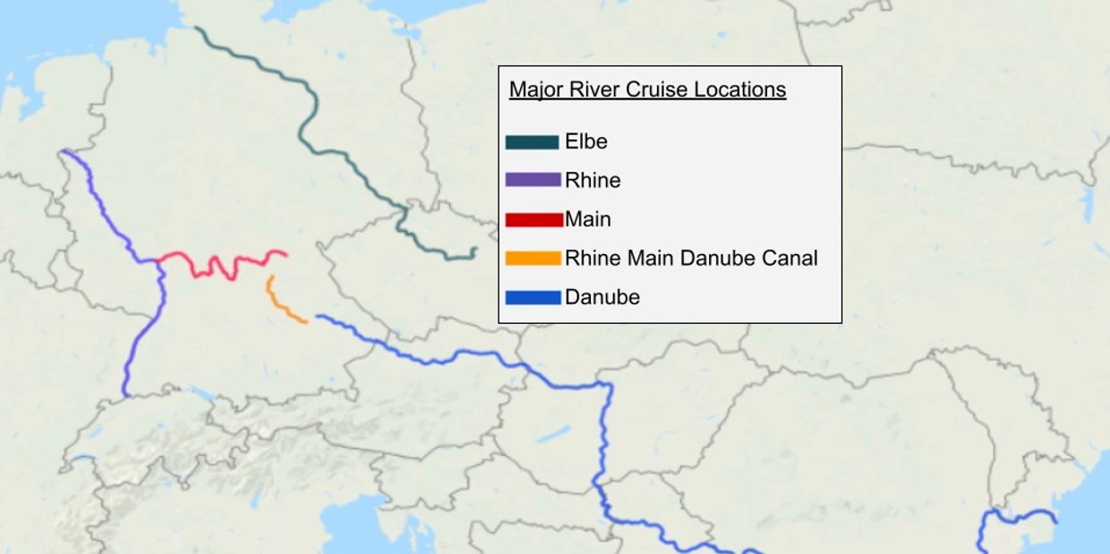 Map of major rivers in central europe.  european river cruising