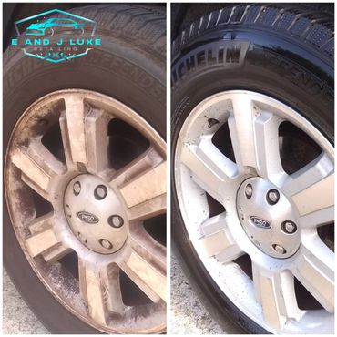 Before and after image showing a cleaned and detailed Ford alloy wheel.