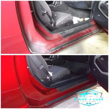 Before and after car interior door sill cleaning and detailing.