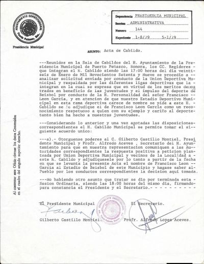Documento oficial de acta de cabildo del Ayuntamiento de Puerto Peñasco, Sonora.