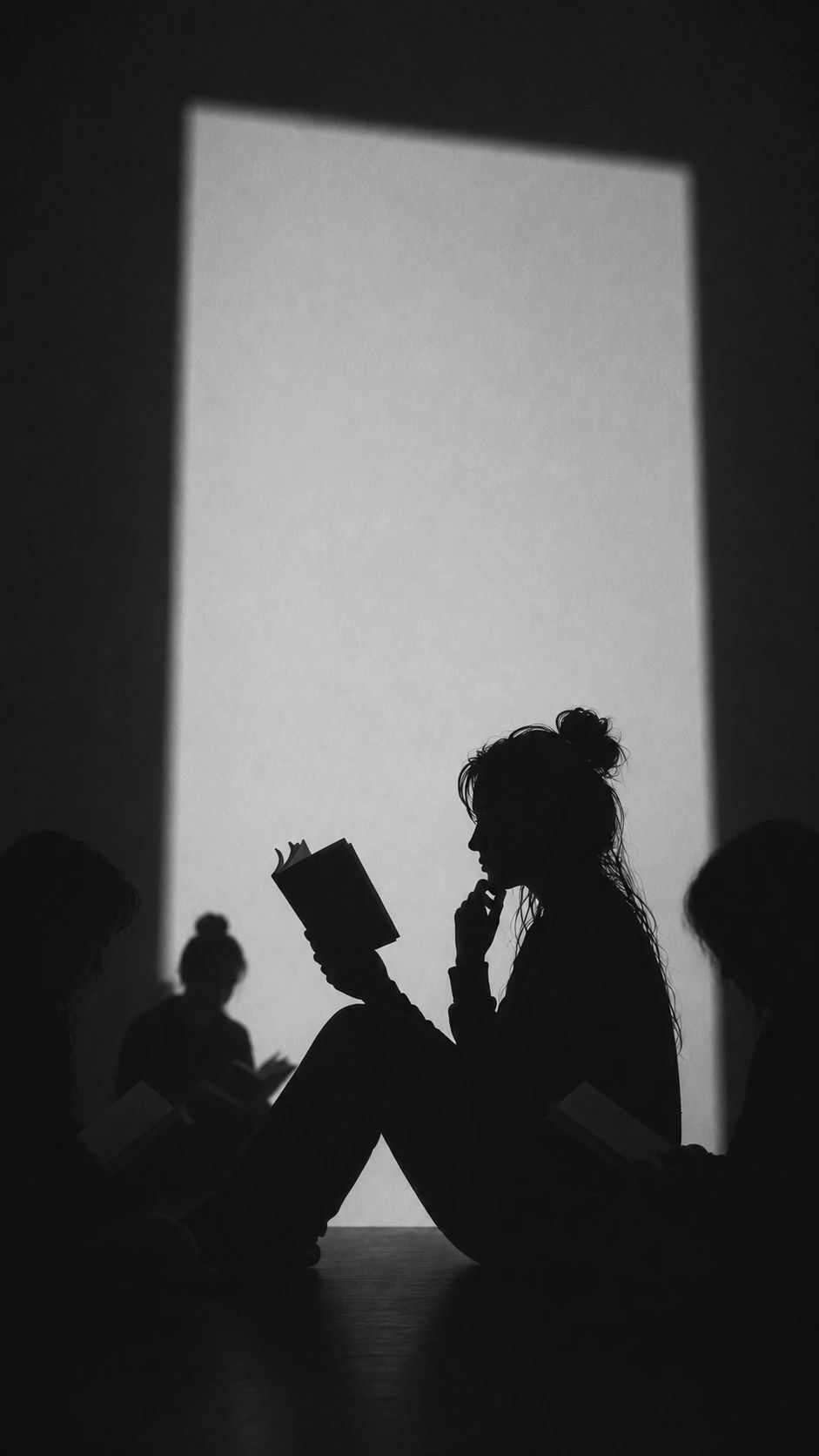 Silhouetas de personas leyendo frente a una luz brillante.