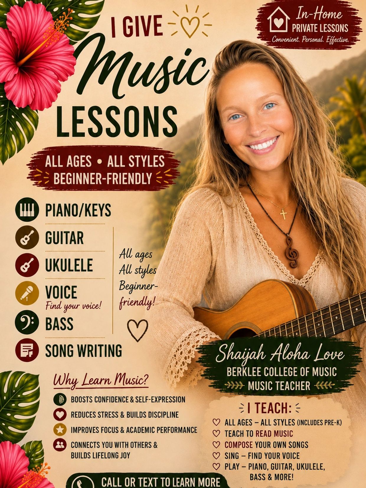 Music lessons offered at home for all ages and styles by Shaijah Aloha Love, Berklee College of Music teacher.