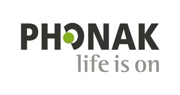 Phonak logo with tagline 'life is on' in simple design.