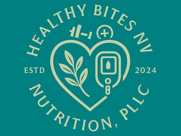 Logo of Healthy Bites NV Nutrition, PLLC with heart, leaf, and glucose meter.