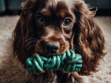 Dog holding a green chew toy.