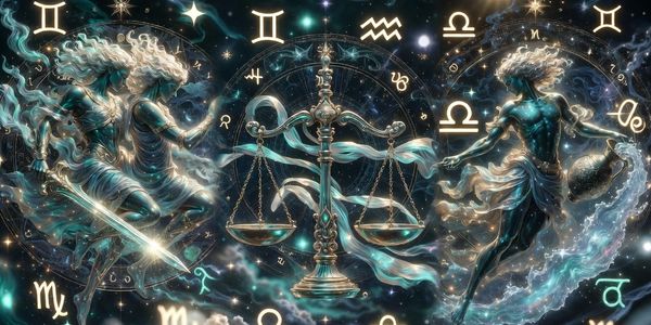 Artistic zodiac illustration featuring Libra scales with celestial figures and astrological symbols.