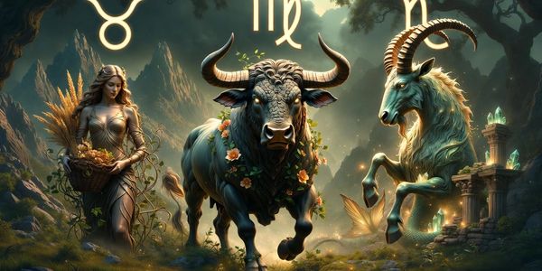 Fantasy scene with zodiac symbols, a woman, a bull, and a goat in a mystical forest.