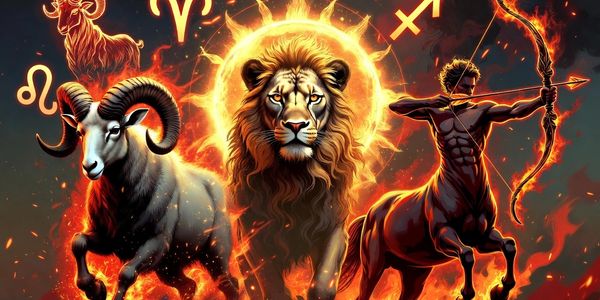Fiery zodiac signs Aries, Leo, and Sagittarius with a lion, ram, and centaur archer.
