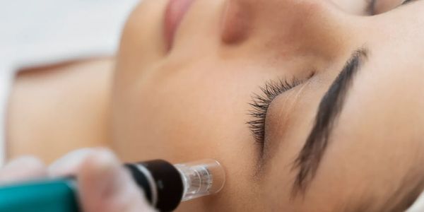 Close-up of facial skin treatment with a handheld device.