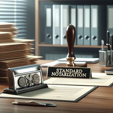 A desk with a 'Standard Notarization' nameplate and notary tools.