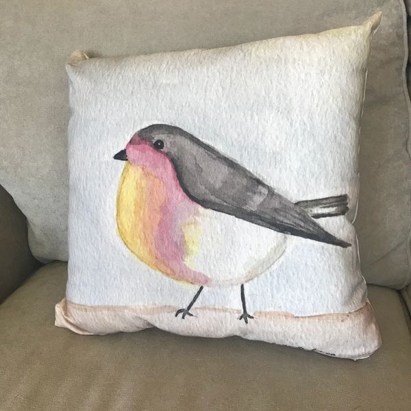 Bird Pillow same painting on both sides $65, 100 percent Cotton , invisible zipper , includes insert