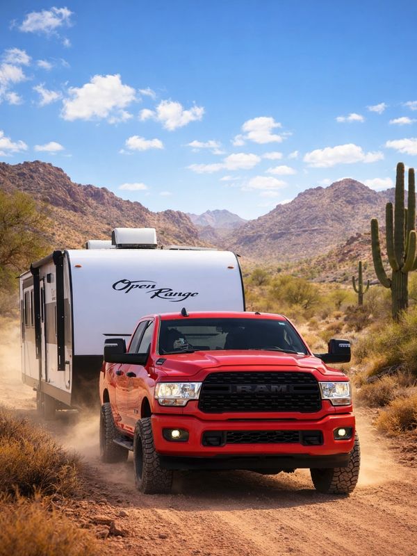 Red RAM truck towing an Open Range camper through a desert landscape.