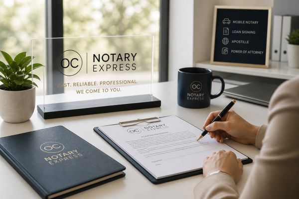 A professional notary service setup with documents, a sign, and branded items.