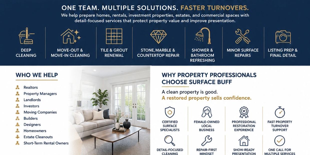 Surface Buff offers comprehensive property cleaning and repair services for faster turnovers.