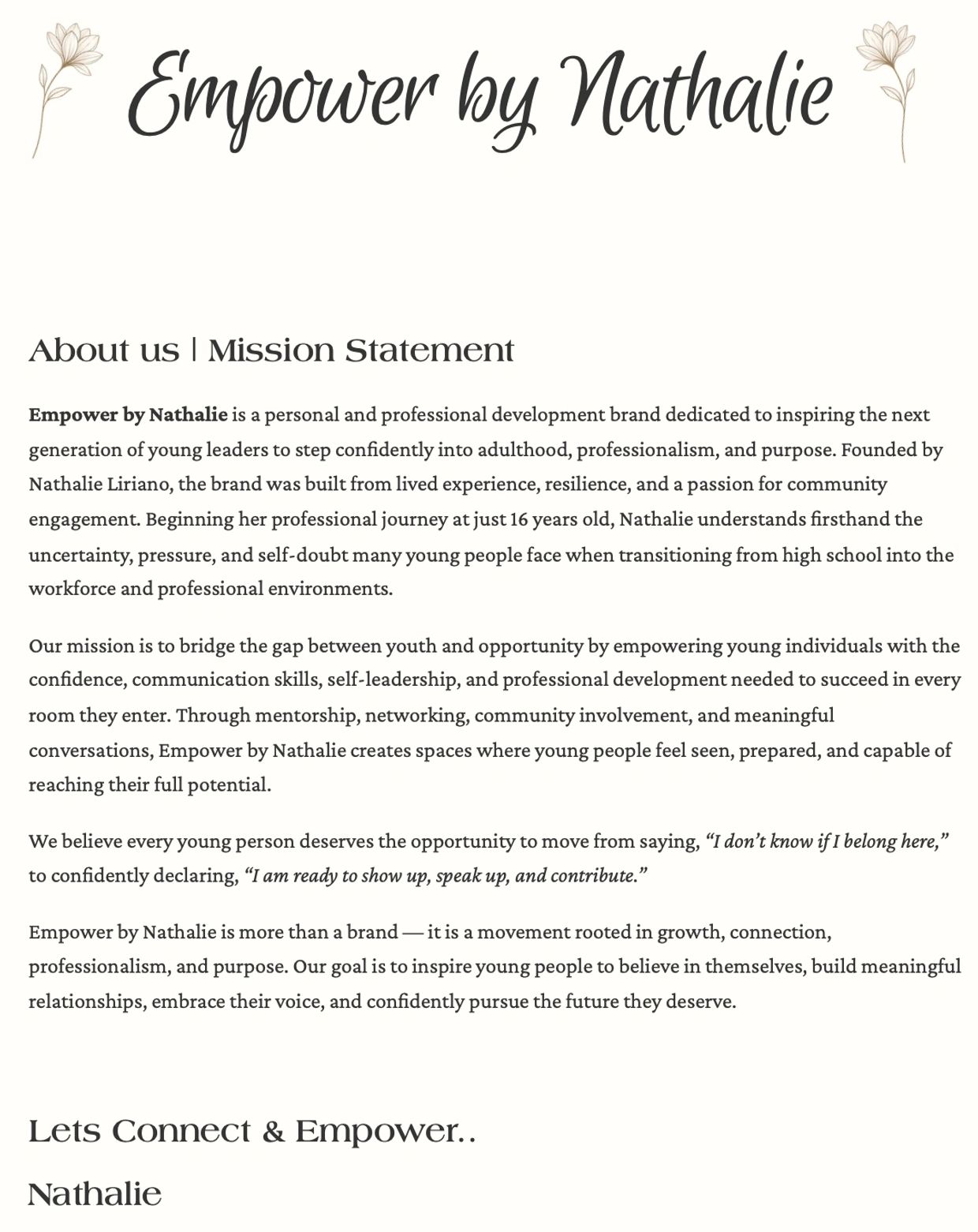 Empower by Nathalie mission statement inspiring youth leadership and professional growth.