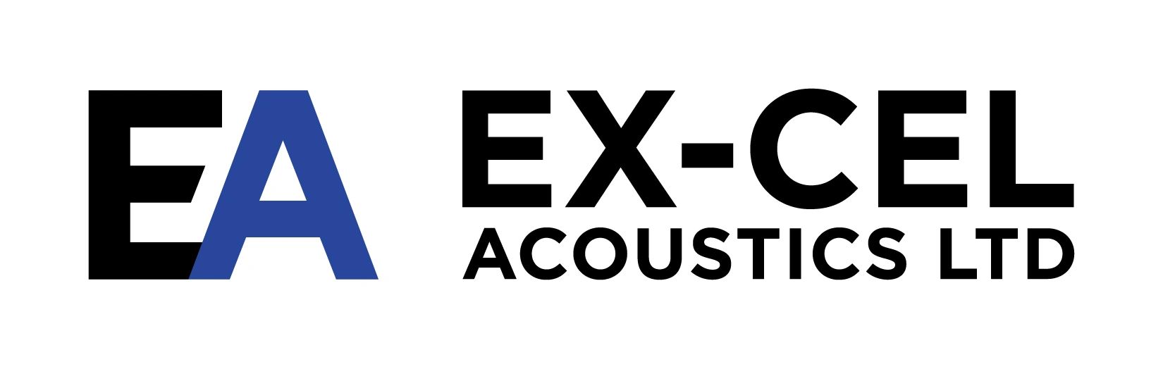 Logo for Ex-Cel Acoustics Ltd with bold black and blue lettering.