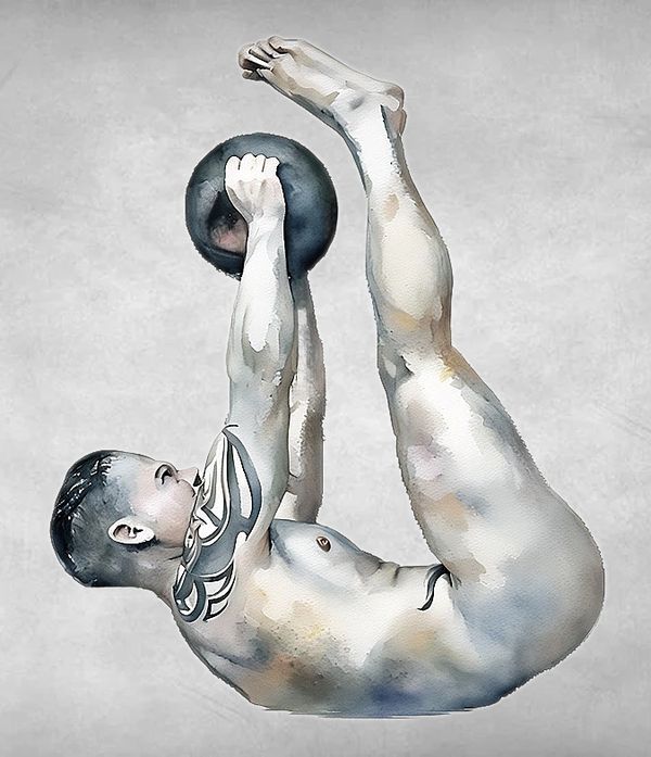 A life drawing of nude model, Colin Dobson-Fox, doing an exercise.