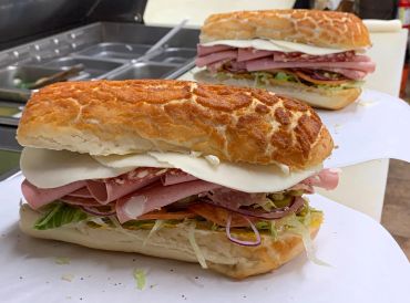 Mortadella and provolone on dutch crunch roll