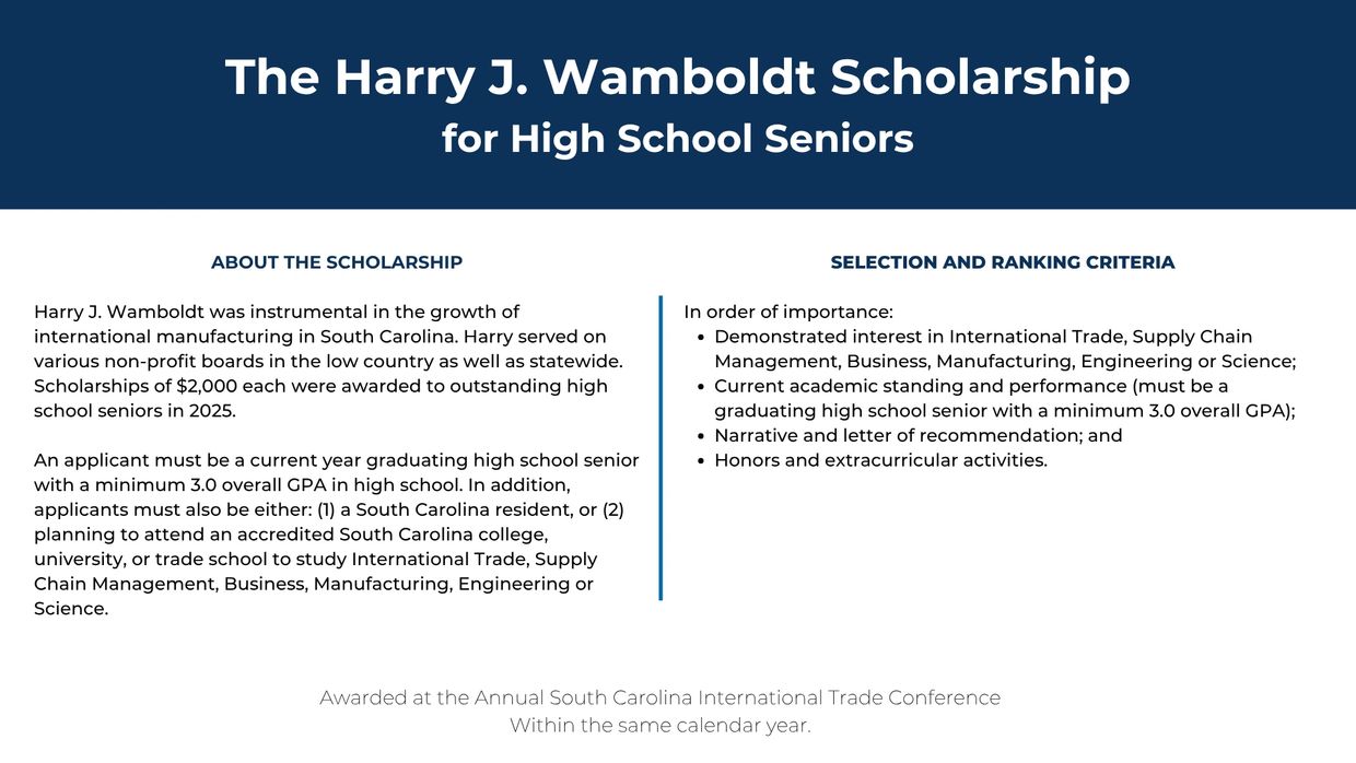 Scholarship for South Carolina high school seniors in international trade and related fields.