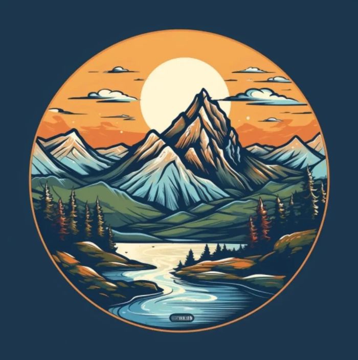 Logo of a mountain range, forest and river