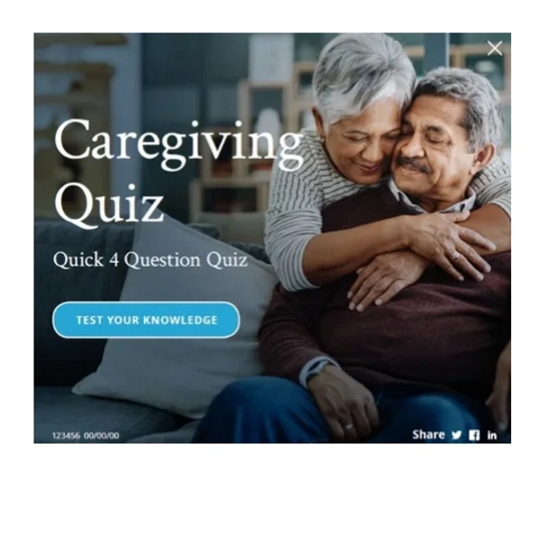 Online Caregiving Quiz shows Senior woman bending to hug  a sitting senior man around shoulders.
