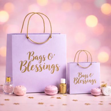Two pastel purple gift bags with 'Bags O' Blessings' text.