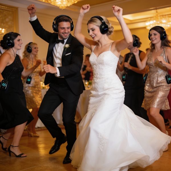Bride and groom dancing with guests wearing headphones at a silent disco wedding party.