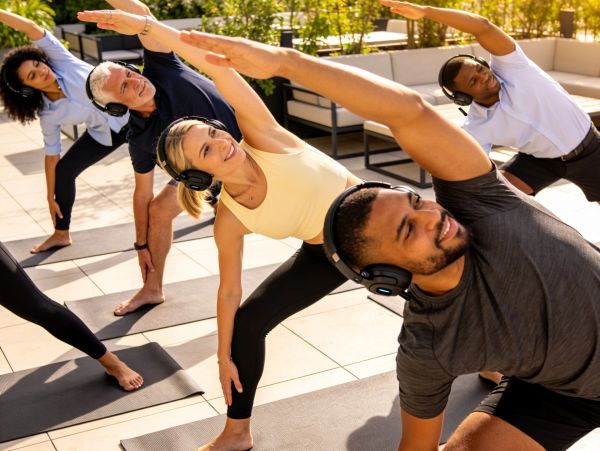 Group of diverse people doing yoga outdoors with headphones.