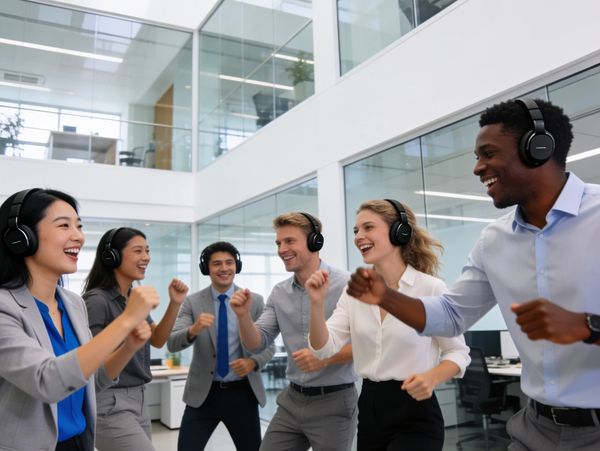 A group of coworkers wearing headphones, smiling and dancing in an office.