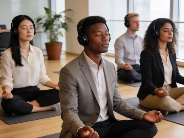 Business professionals meditate with headphones in a serene office setting.