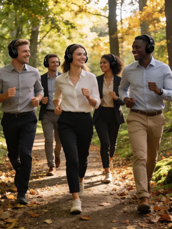 Group of young professionals jogging outdoors wearing headphones.