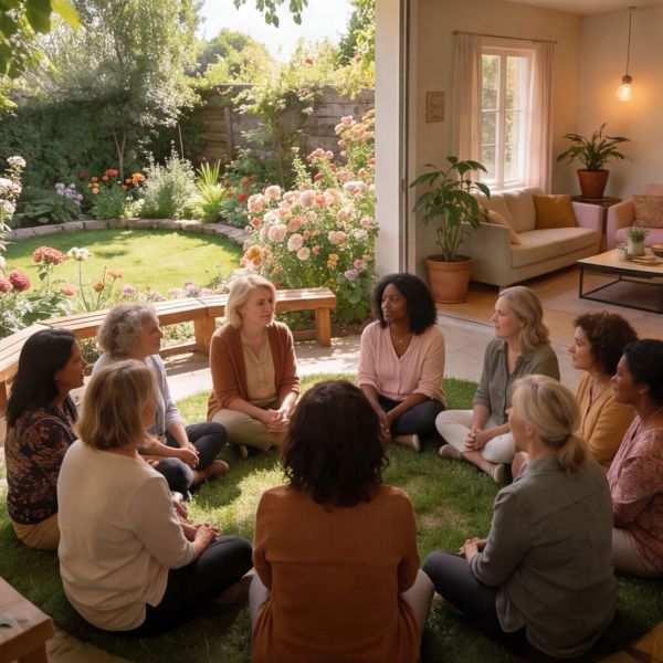 Group of women sitting in a circle in a garden.