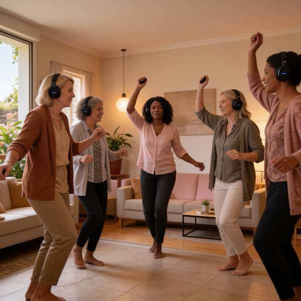 Group of women dancing and enjoying music with headphones indoors.