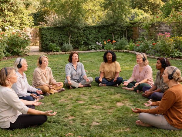Group meditation outdoors with headphones