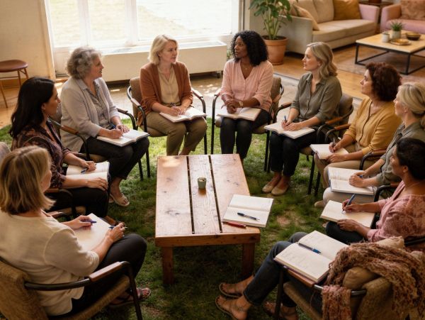 Women sitting in a circle having a group discussion.