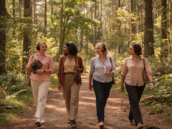 Four women walking in the forest wearing headphones.