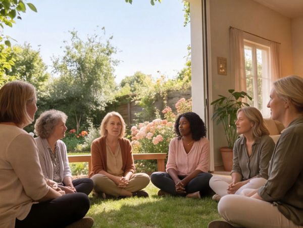 Group of women sitting in a circle outdoors, chatting.