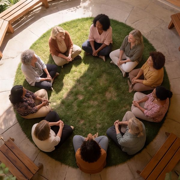 Group of women sitting in a circle on grass outdoors.