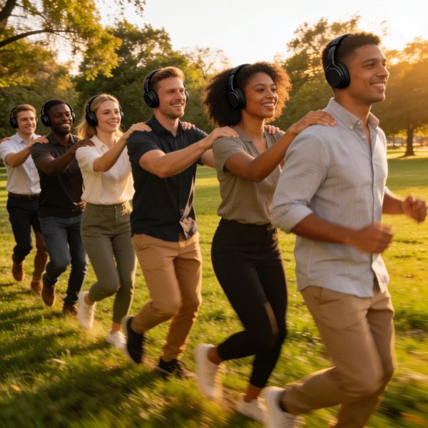 Group of six friends wearing headphones, running in a line outdoors, enjoying music and fun.