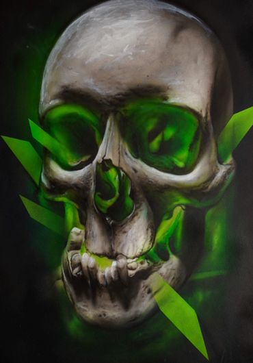 Skull green.
Airbrush papier auf holz.
70 x 50 cm.
Price .- 1500.