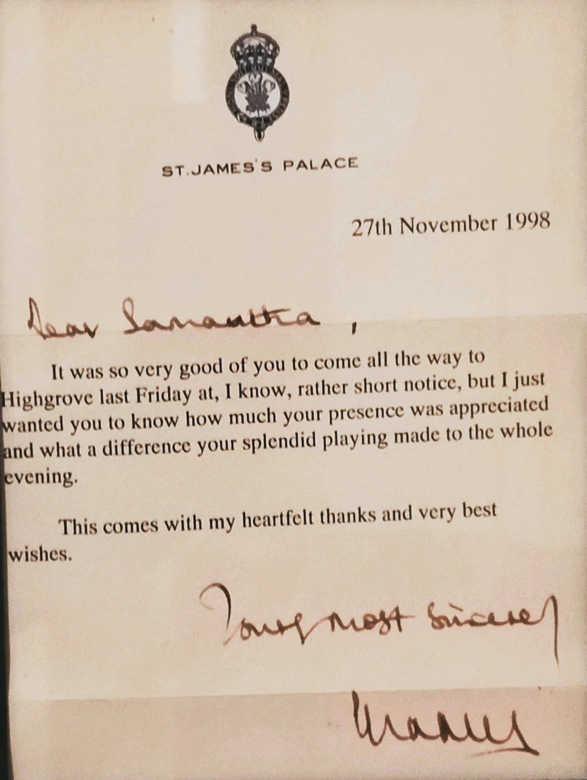 Letter of recommendation from HRH King Charles