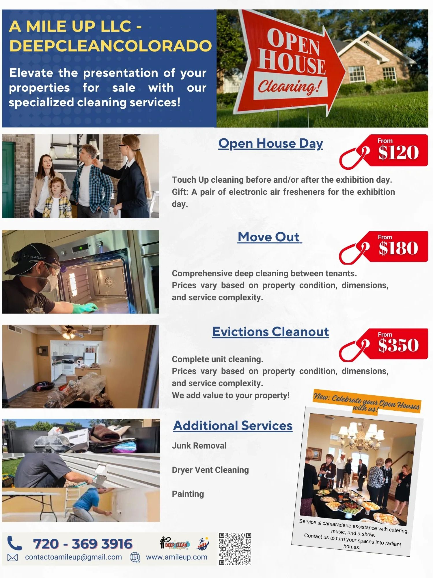 A Mile Up LLC offers specialized cleaning services for properties with prices starting at $120.