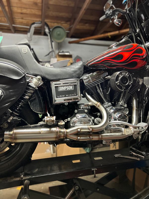 2 step brushed stainless steel system, this style muffler can be custom made to fit your Dyna, softa